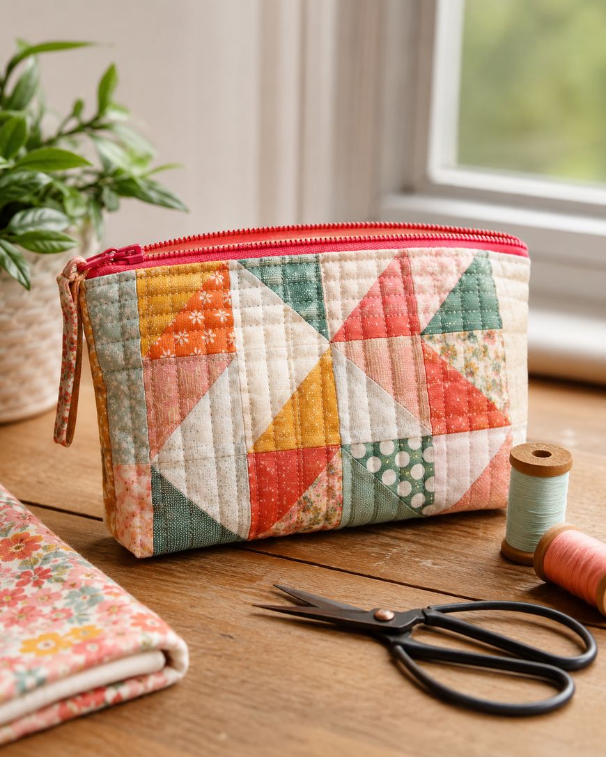 A quilted pouch with a colorful geometric pattern and red zipper sits on a wooden table near scissors, spools of thread, and a floral fabric, with a plant and window in the background.