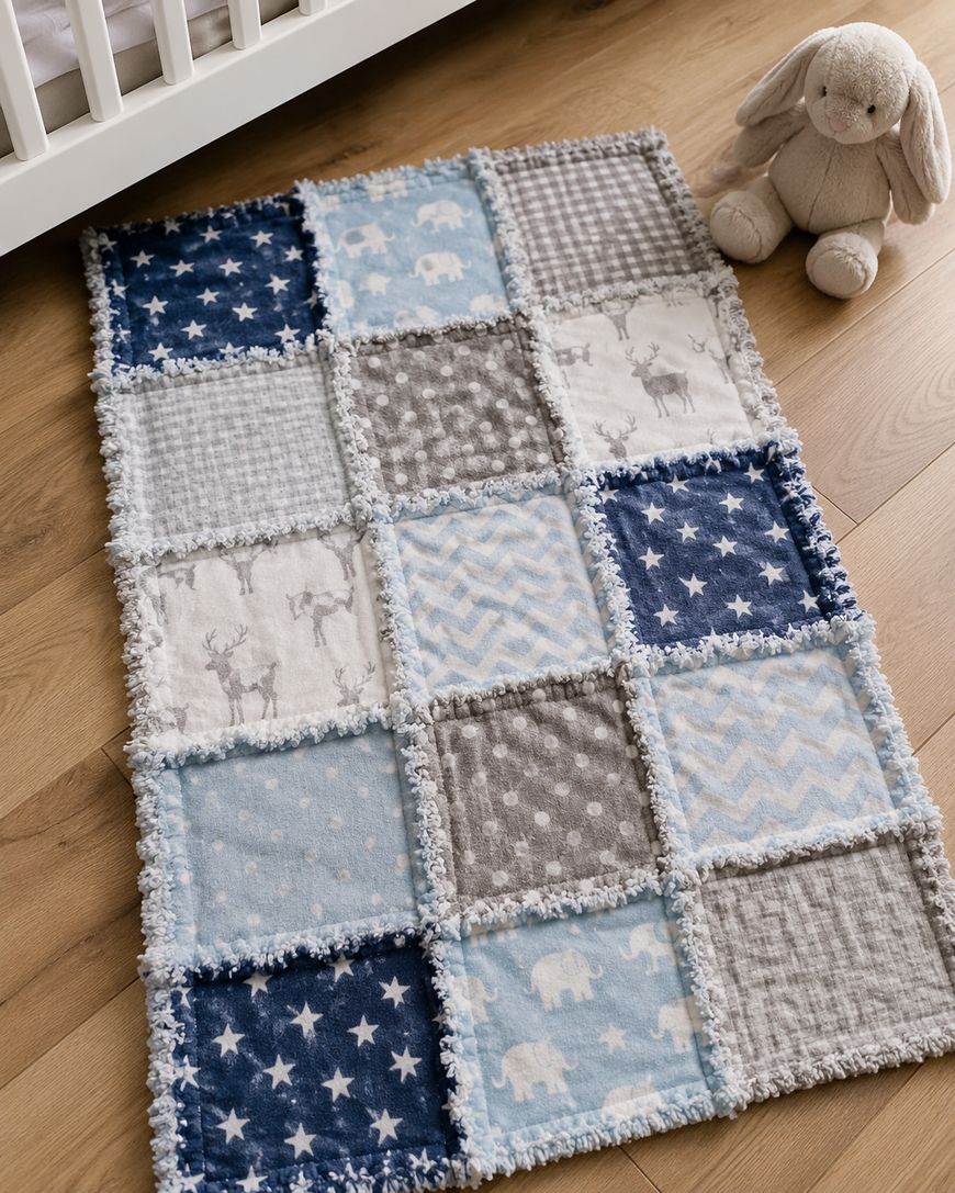 A patchwork baby quilt with blue, gray, and white squares featuring stars, animals, and plaid is laid on a wooden floor next to a beige stuffed bunny and a white crib.