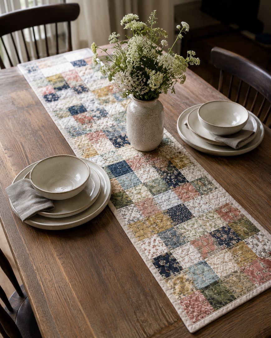 A wooden dining table with a patchwork table runner, a vase of white wildflowers, and place settings with beige bowls, plates, and cloth napkins, set for two people.