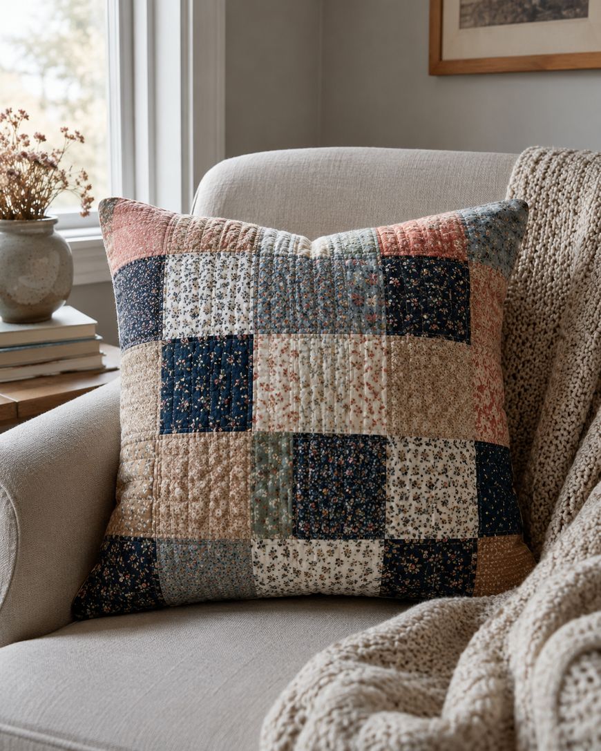 A patchwork pillow with various patterned squares rests on a beige armchair beside a knitted blanket. A vase with dried flowers and stacked books sit on a table by the window in a cozy room.