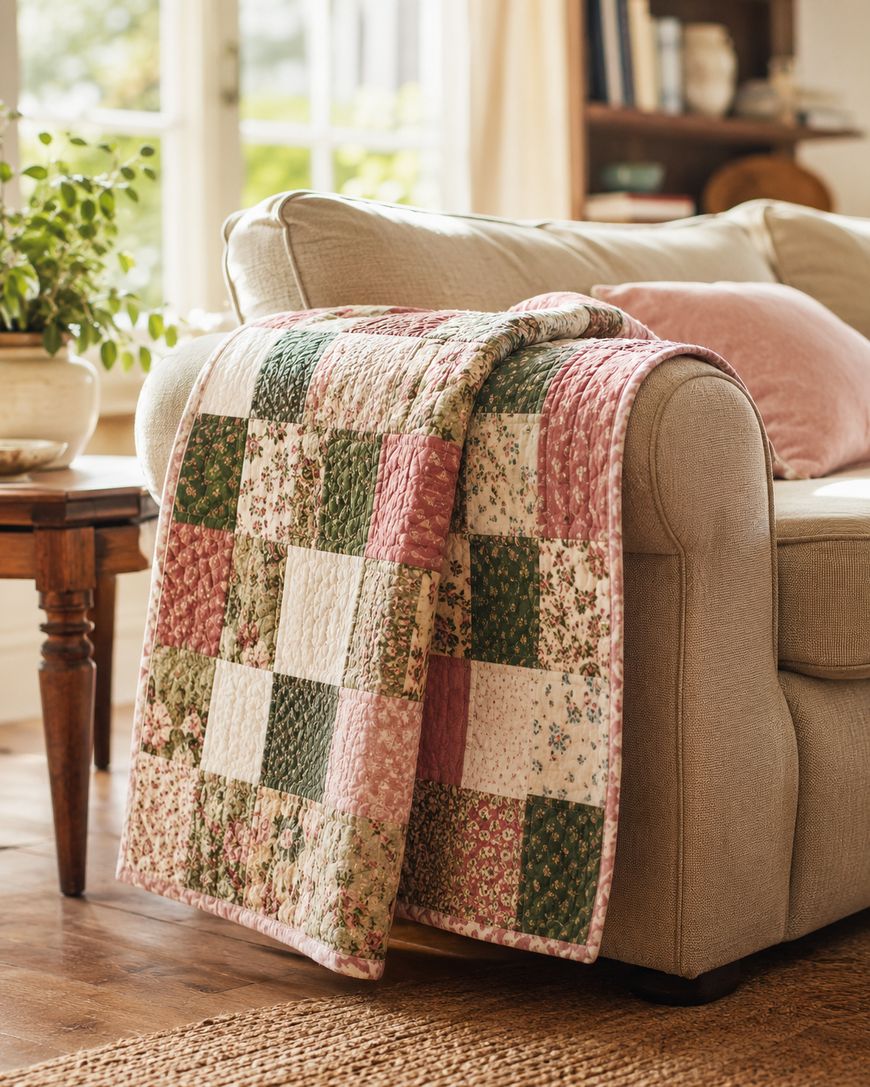 A pastel patchwork quilt with floral and checkered patterns is draped over the arm of a beige sofa in a sunlit, cozy living room with wooden furniture and a potted plant nearby.