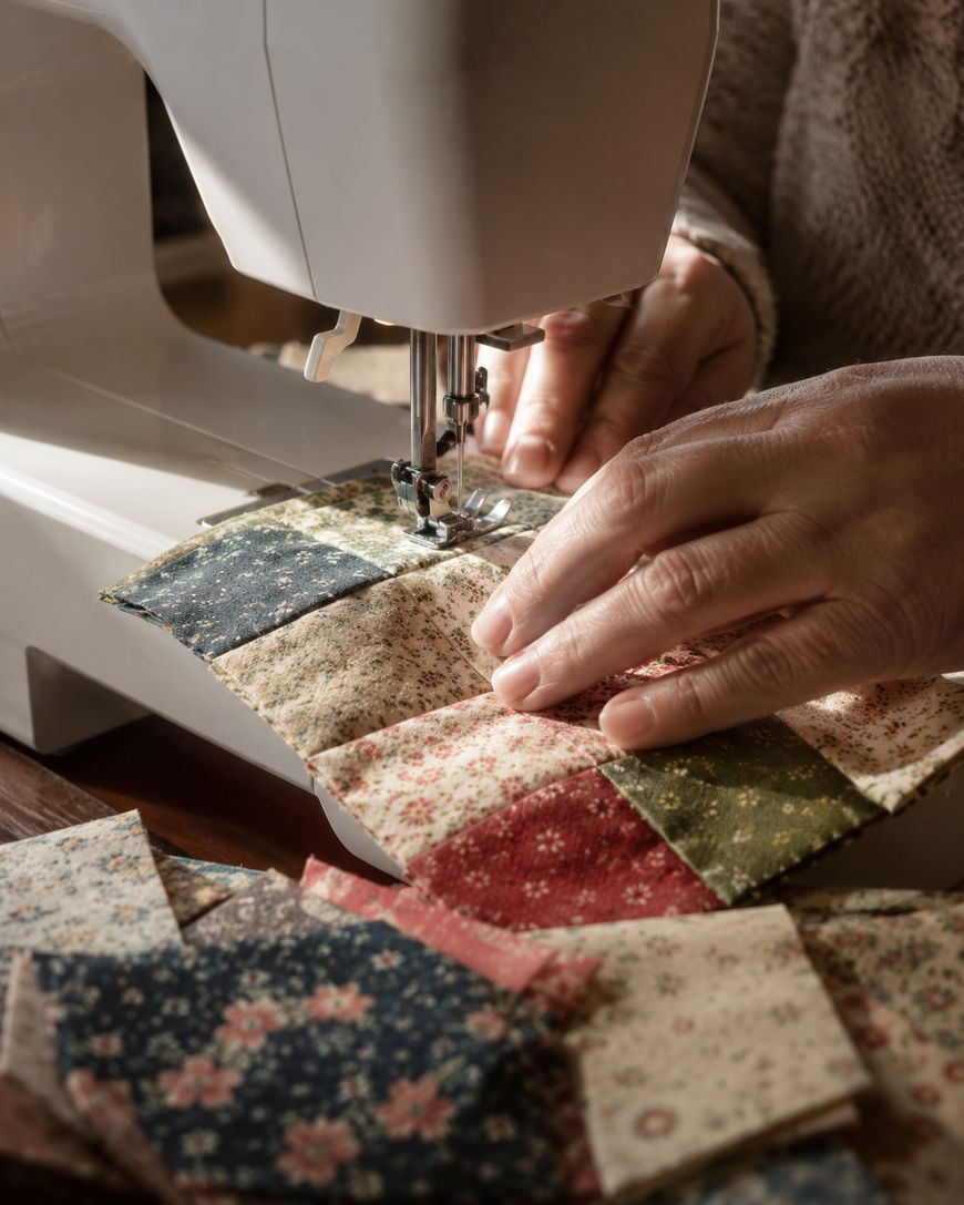 A person uses a sewing machine to stitch together small, colorful fabric squares, creating a patchwork quilt. Scattered fabric pieces lie on the table nearby.
