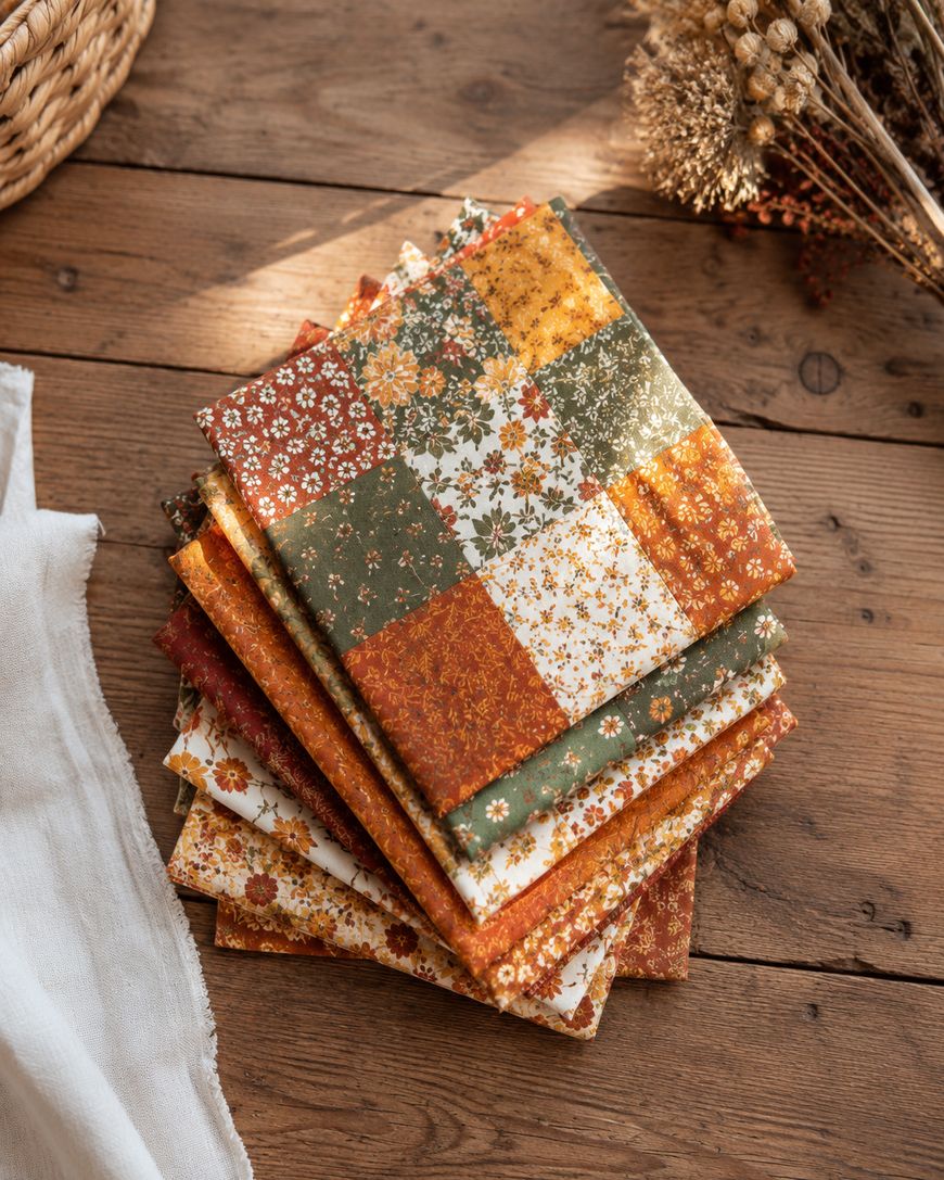 A stack of folded fabric squares with various autumn-themed floral and patchwork patterns sits on a rustic wooden table, surrounded by dried flowers and a wicker basket.