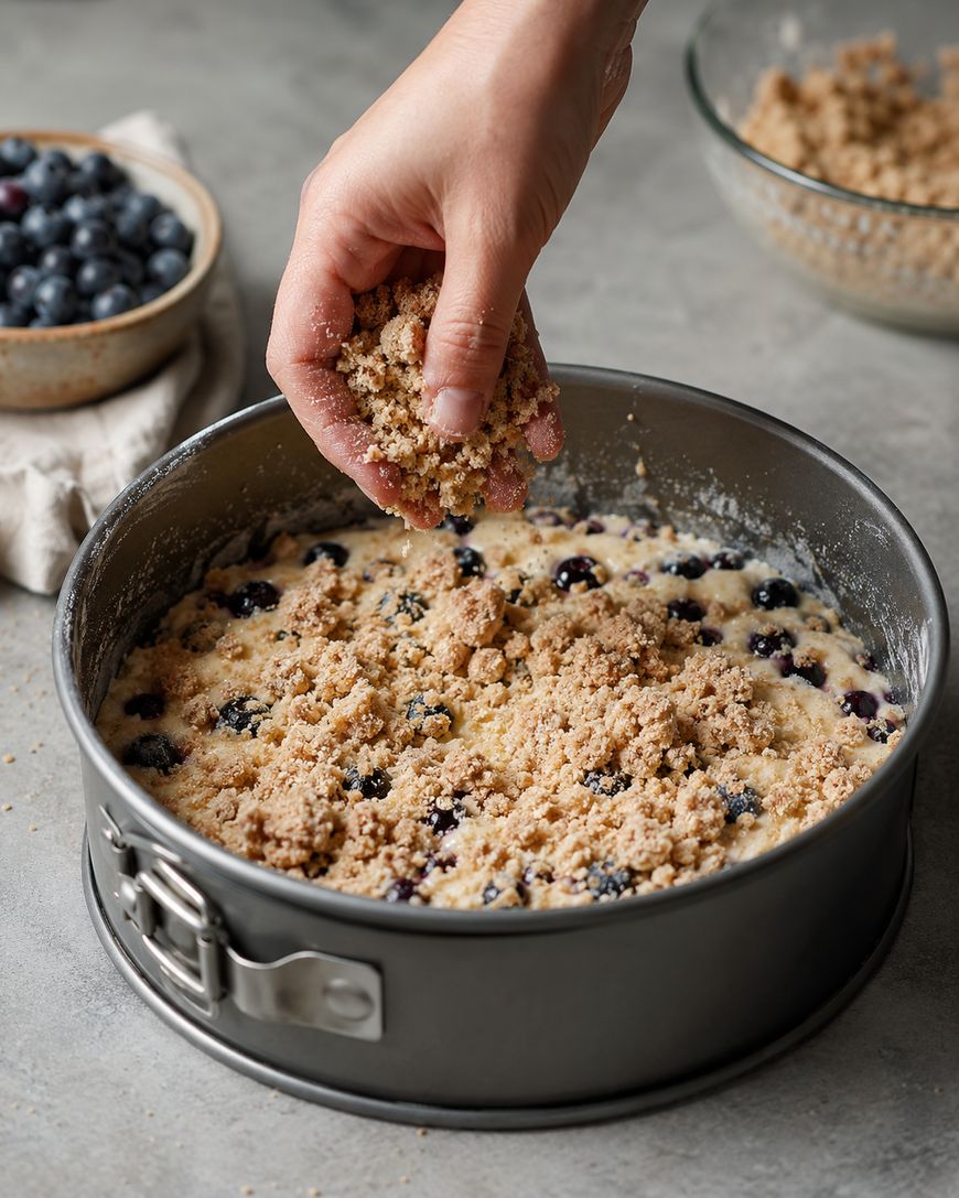 A hand sprinkles crumb topping over unbaked blueberry cake batter in a round springform pan, with a bowl of blueberries and a bowl of crumb topping in the background.