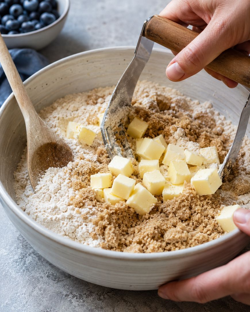 A person uses a pastry cutter to blend cubes of butter into flour and brown sugar in a mixing bowl, with a wooden spoon and a bowl of blueberries nearby.