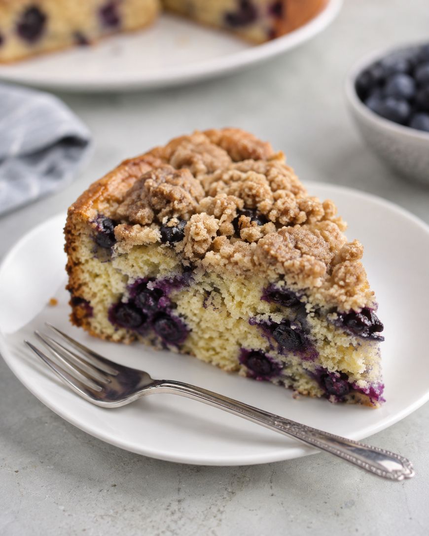 A slice of blueberry coffee cake with crumb topping sits on a white plate next to a fork, with a bowl of blueberries and more cake in the background.