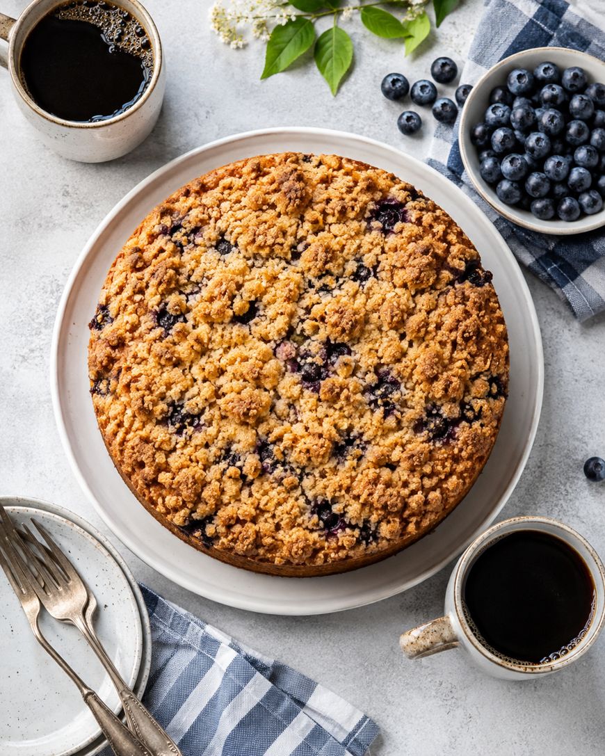 A round blueberry crumb cake on a white plate, surrounded by bowls of fresh blueberries, cups of black coffee, and plates with forks on a light table with a blue plaid napkin.