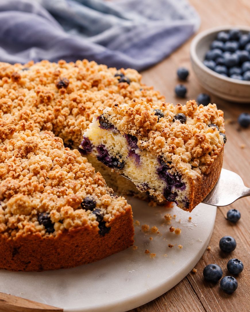 A slice of blueberry crumb cake is being lifted from a round cake on a marble board, with fresh blueberries scattered around and a bowl of blueberries in the background.