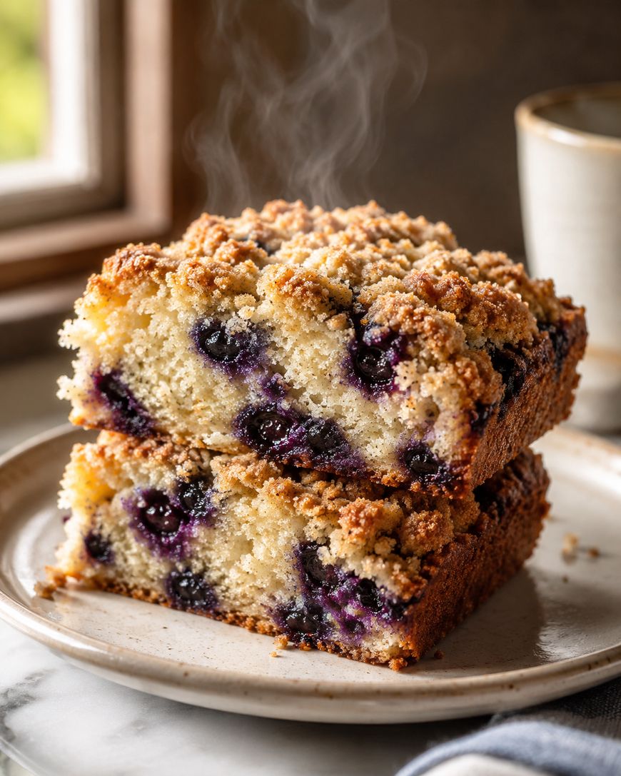 Two pieces of warm blueberry coffee cake with crumble topping stacked on a plate, with steam rising, next to a mug on a marble surface by a window.