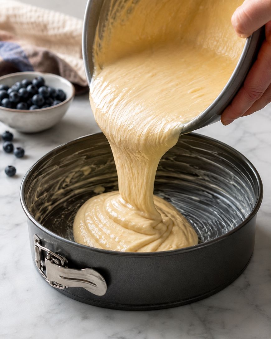 Cake batter is being poured from a mixing bowl into a greased springform pan on a marble countertop, with blueberries and a towel in the background.
