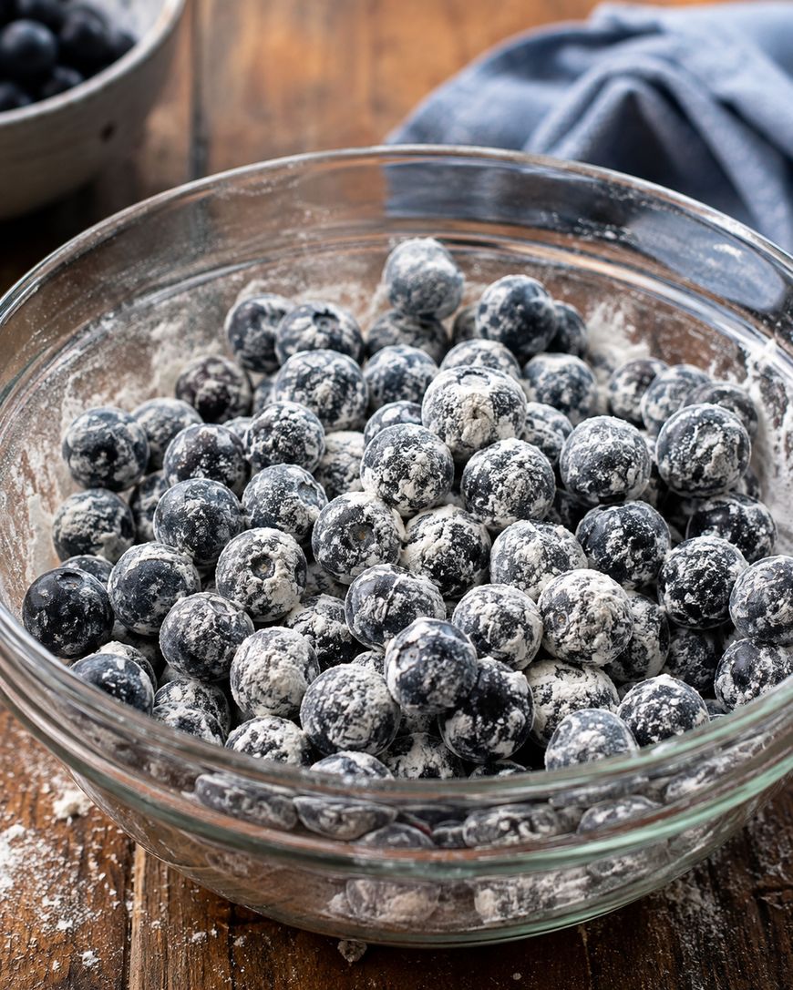 A glass bowl filled with fresh blueberries coated in a layer of white flour, sitting on a wooden surface with a blue cloth in the background.