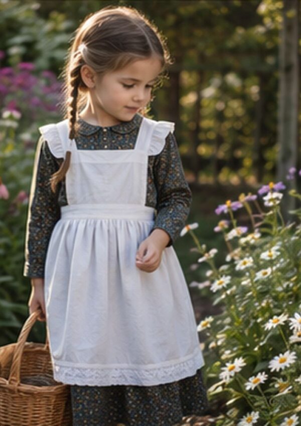 A young girl with braided hair wears a white apron dress and holds a basket while standing in a garden with blooming flowers, looking down at daisies.