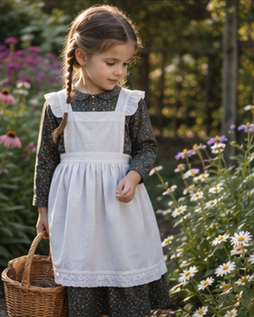 A young girl with braided hair wears a white apron dress and holds a basket while standing in a garden with blooming flowers, looking down at daisies.