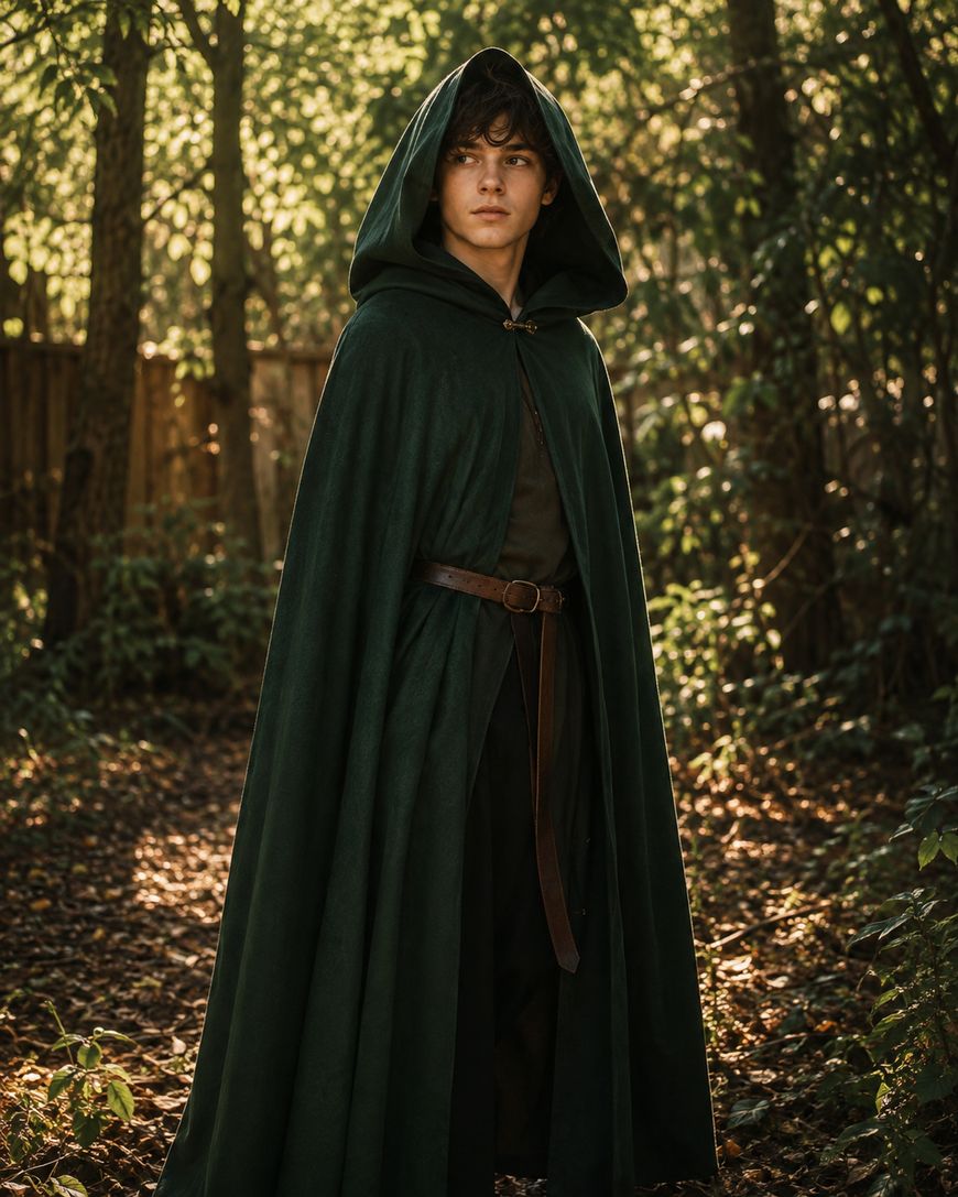A person wearing a dark green hooded cloak stands in a sunlit forest.