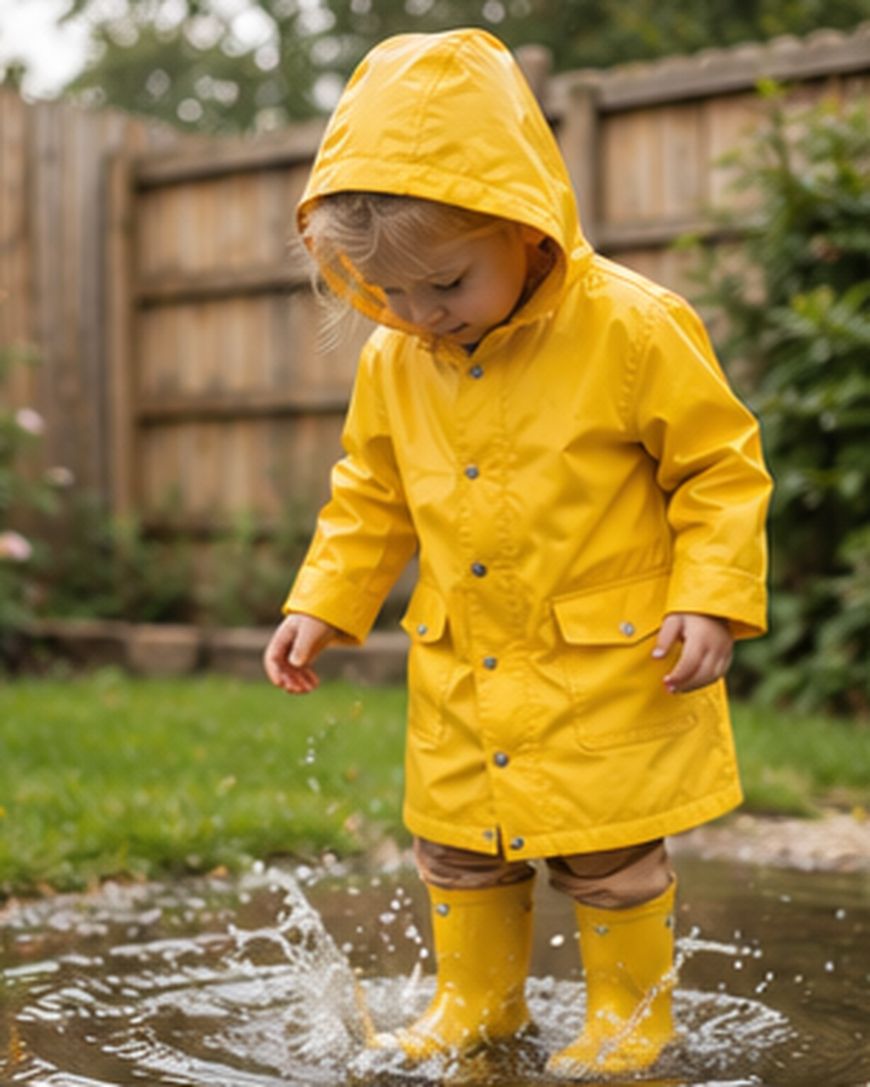 A young child in a yellow raincoat and boots splashes in a puddle in a grassy backyard.