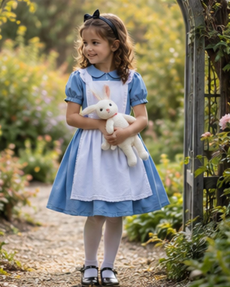 A young girl in a blue dress with a white apron holds a stuffed rabbit and smiles while standing on a garden path.