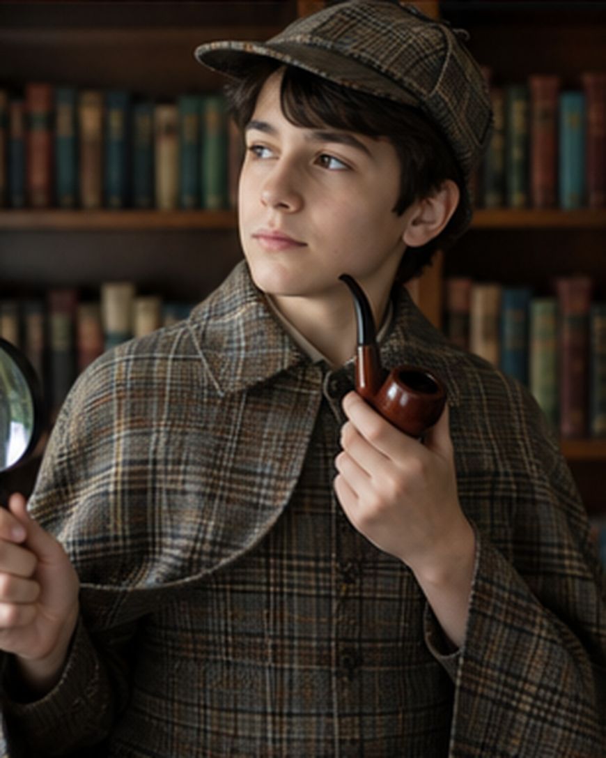 A boy dressed as a detective in a plaid coat and cap holds a magnifying glass and pipe, standing in front of a bookshelf.
