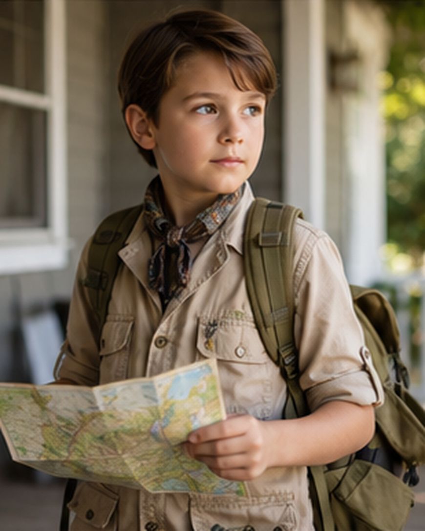 A young boy wearing a khaki shirt and backpack stands on a porch, holding a map and looking to the side thoughtfully.