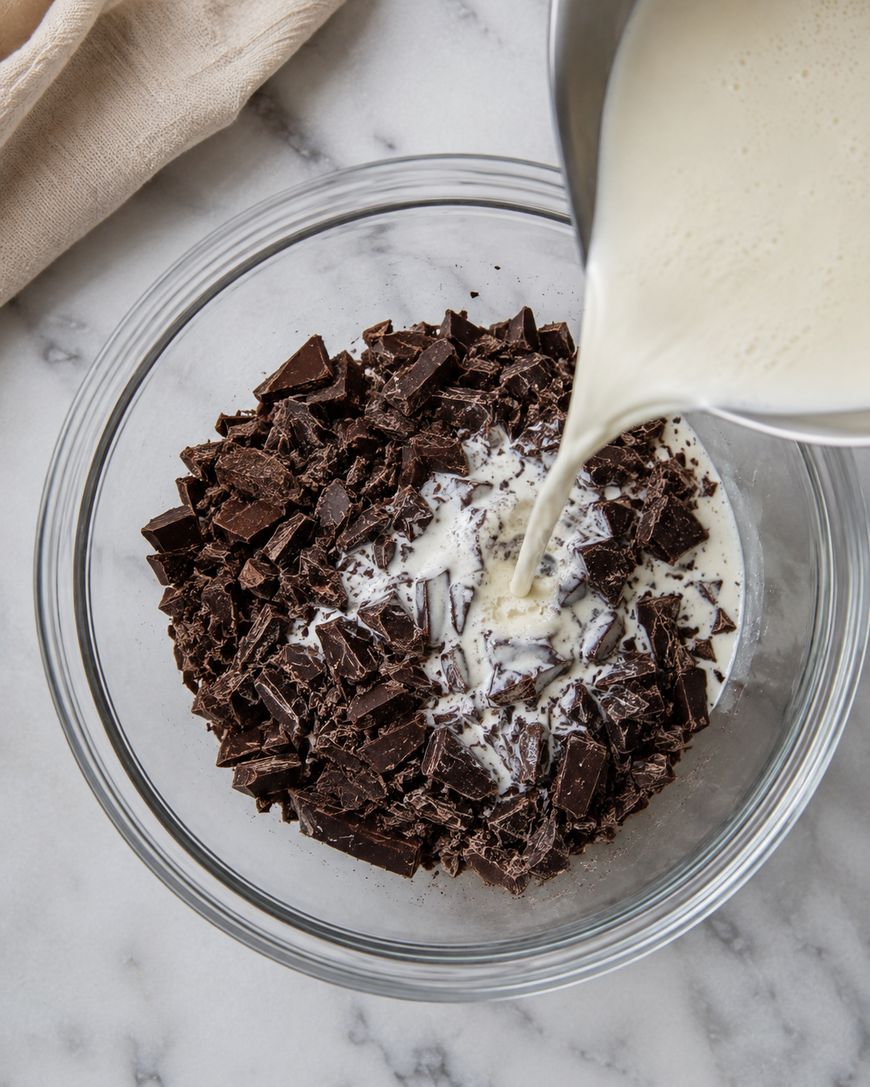 A bowl of chopped dark chocolate has hot cream being poured over it from a metal pitcher, with a beige cloth nearby on a marble surface.