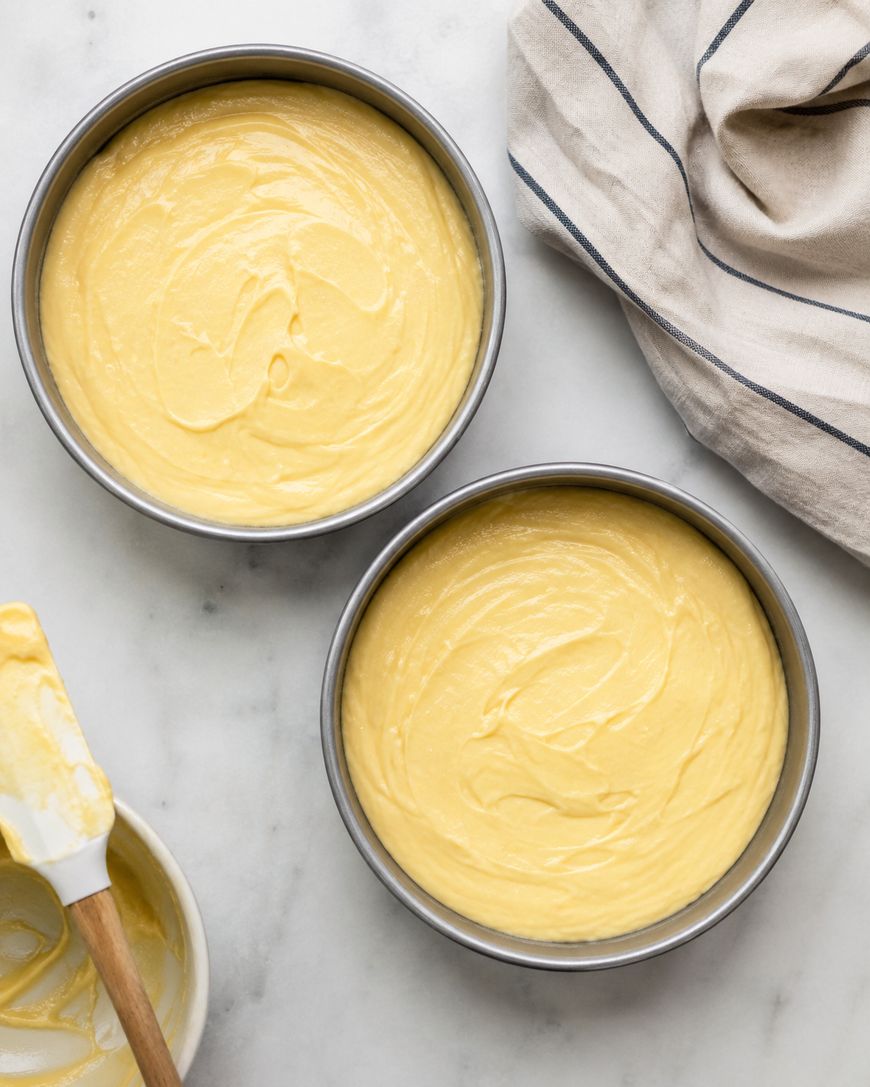 Two round cake pans filled with smooth yellow cake batter sit on a white surface beside a mixing bowl, spatula, and striped kitchen towel.