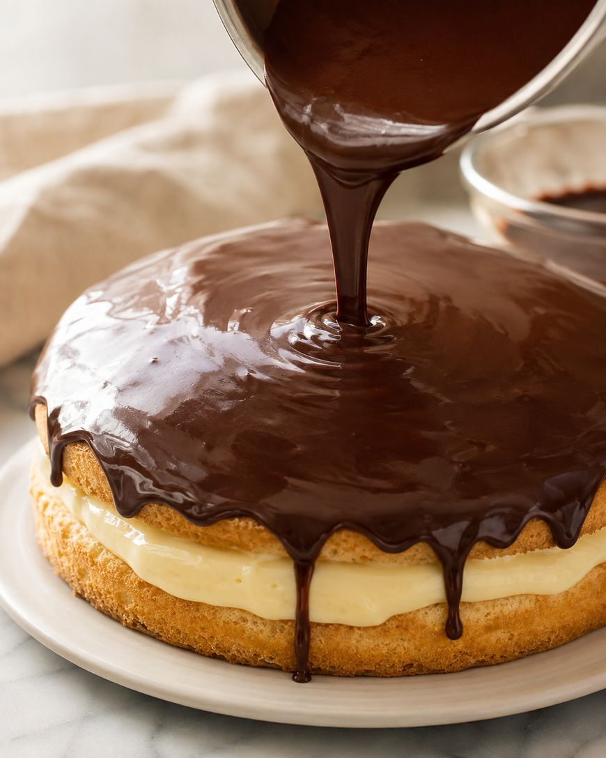 A Boston cream pie on a white plate is topped with thick chocolate glaze being poured over creamy filling and sponge cake layers.