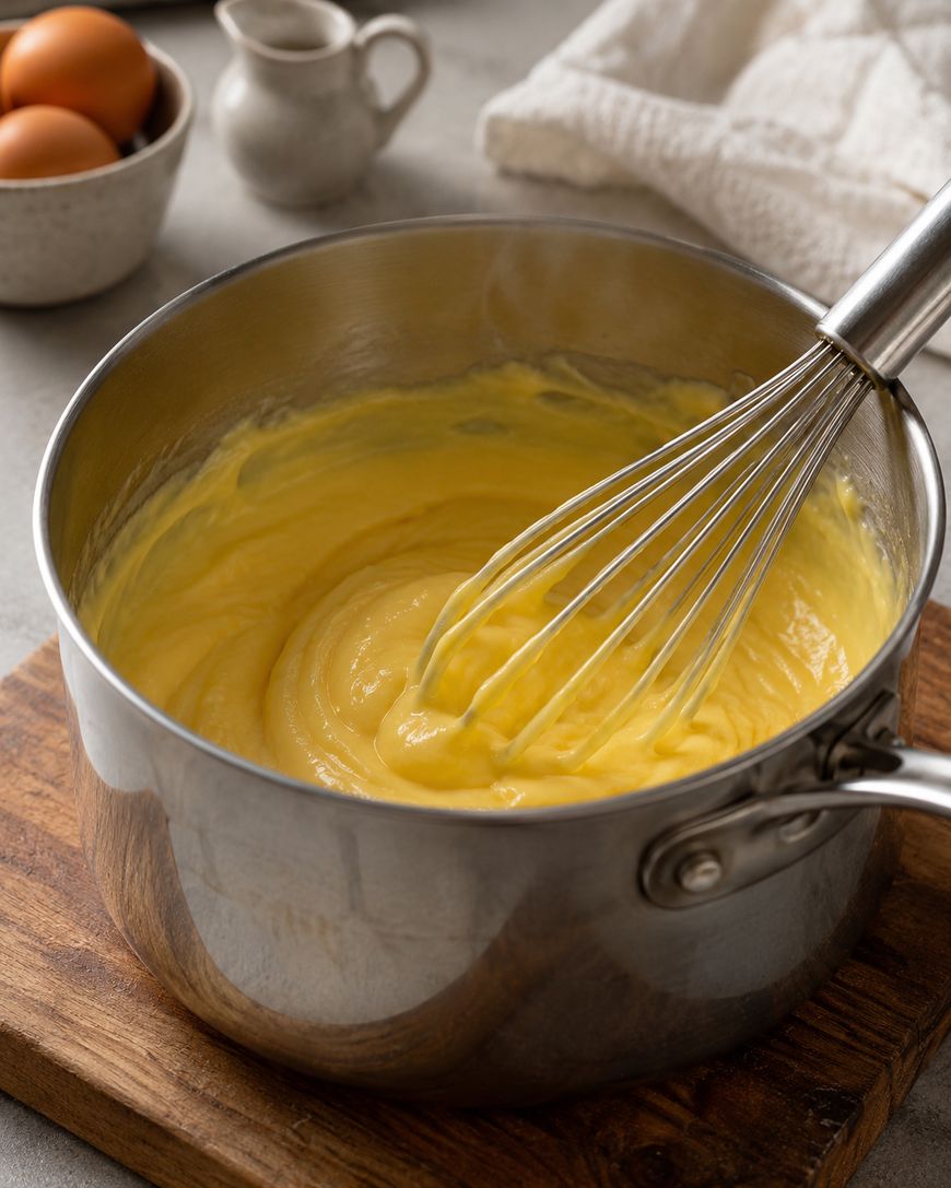 A metal whisk stirring thick yellow custard in a stainless steel saucepan on a wooden board, with eggs, a small pitcher, and a towel in the background.
