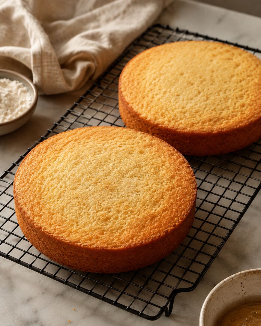 Two round, golden-brown sponge cakes cool on a black wire rack atop a marble surface, with a beige cloth and small bowls nearby.