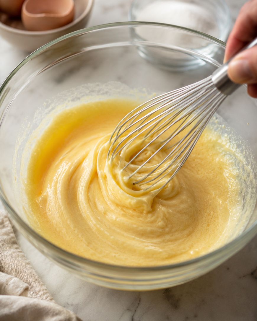 A hand uses a whisk to mix yellow cake batter in a glass bowl on a marble countertop, with eggshells and a bowl of sugar in the background.