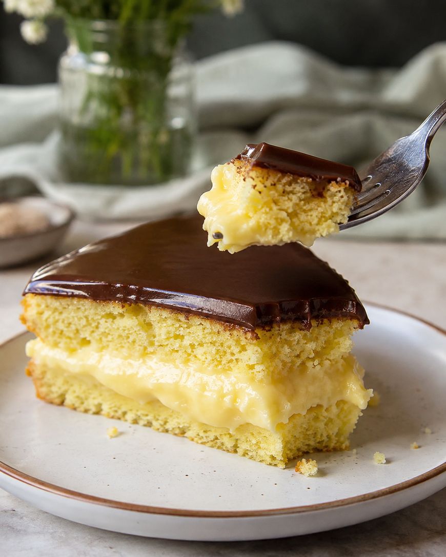 A slice of Boston cream pie with yellow cake, creamy filling, and chocolate topping sits on a plate. A fork holds a bite of cake above the plate.