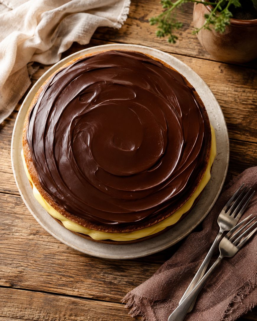 A Boston cream pie topped with smooth chocolate glaze sits on a plate beside a brown napkin, two forks, and a beige cloth on a rustic wooden table.