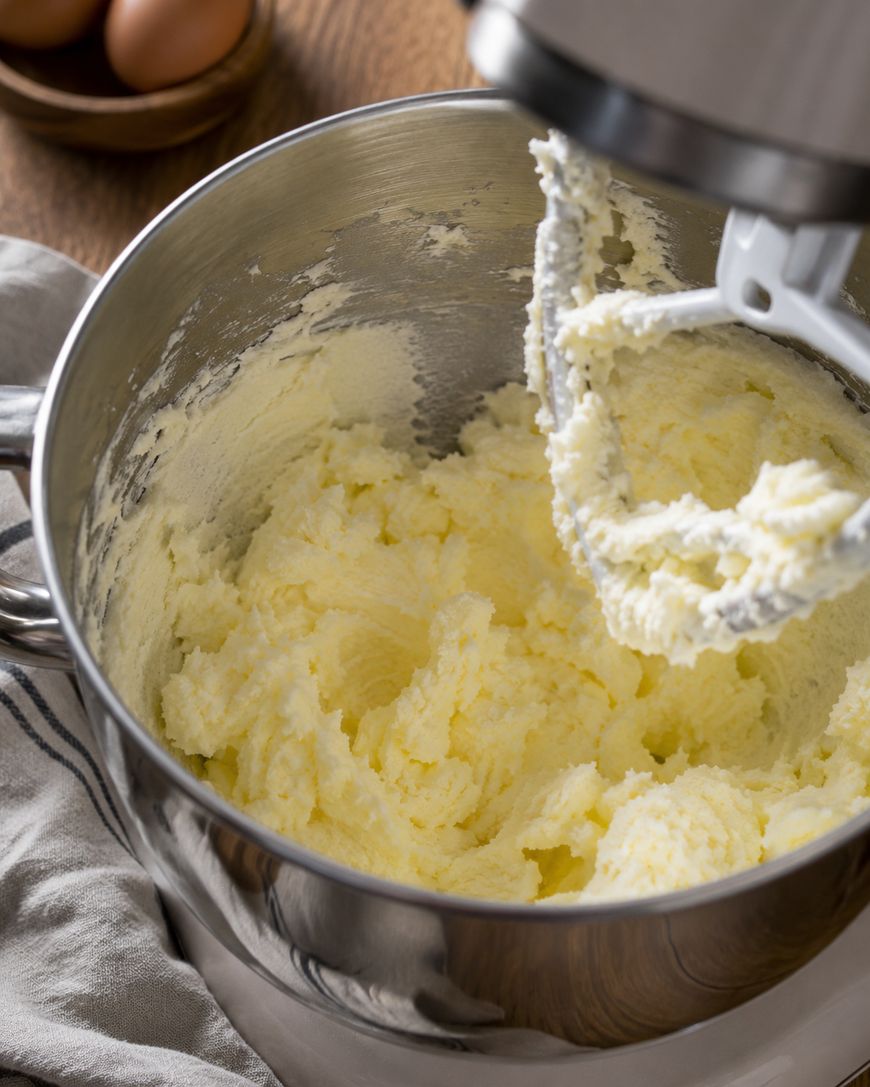 A stand mixer bowl filled with creamed butter and sugar sits on a counter, with the mixers paddle attachment coated in the mixture. Eggs in a wooden bowl are in the background.
