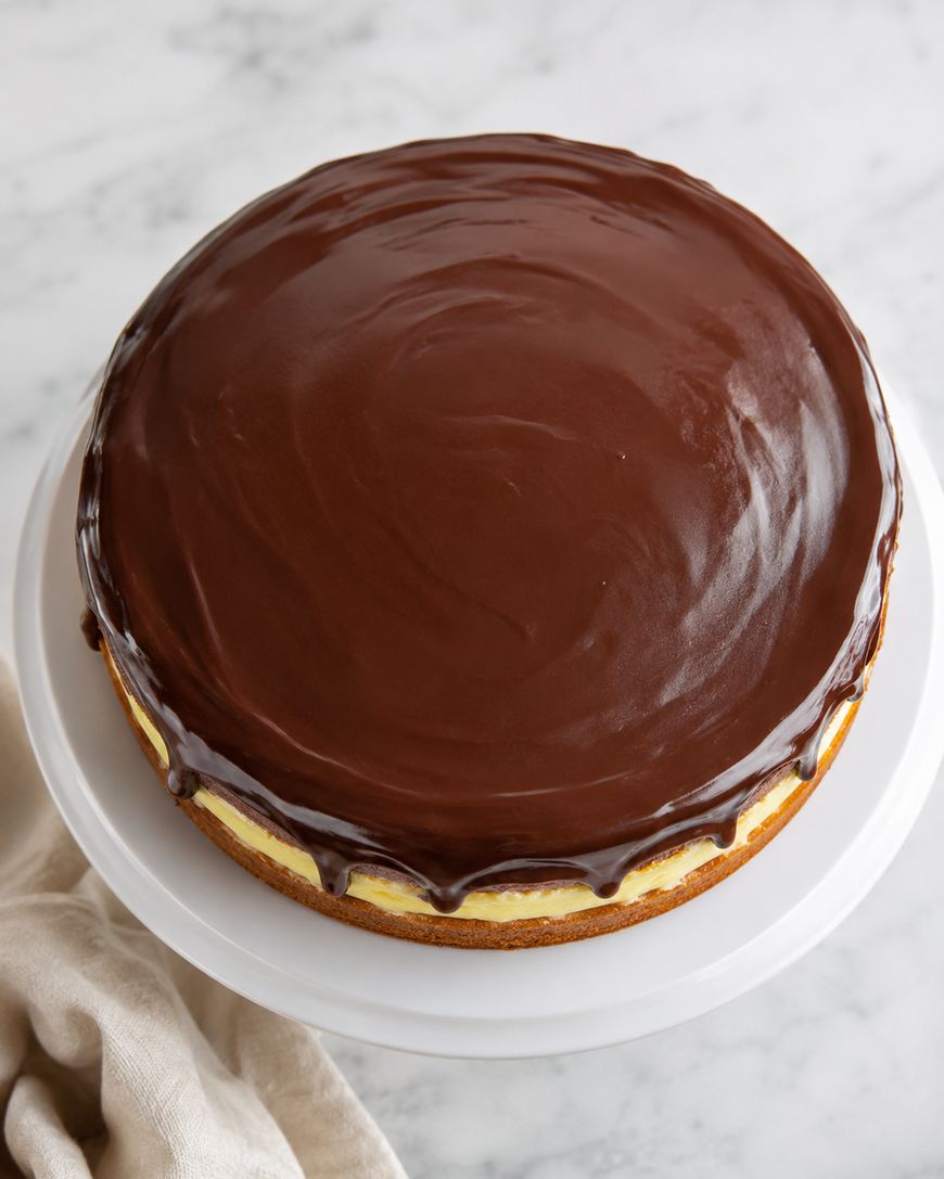 A round cheesecake covered with smooth, glossy chocolate ganache sits on a white cake stand atop a marble surface. A beige cloth is partially visible beside the stand.