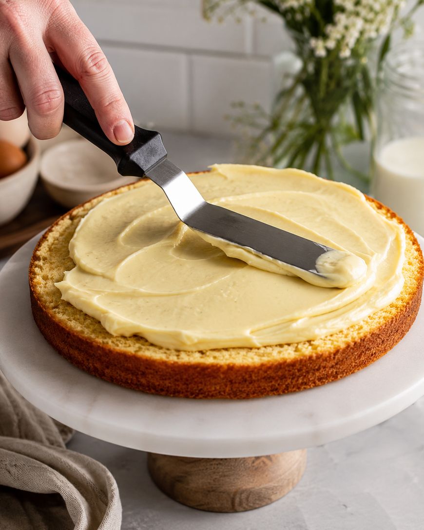 A hand uses an icing spatula to spread yellow frosting on a single-layer round cake placed on a marble cake stand. Kitchen items and flowers are visible in the background.