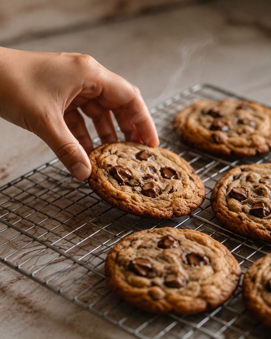 A hand reaches to pick up a freshly baked chocolate chip cookie from a cooling rack with more cookies. Steam rises from the warm cookies.
