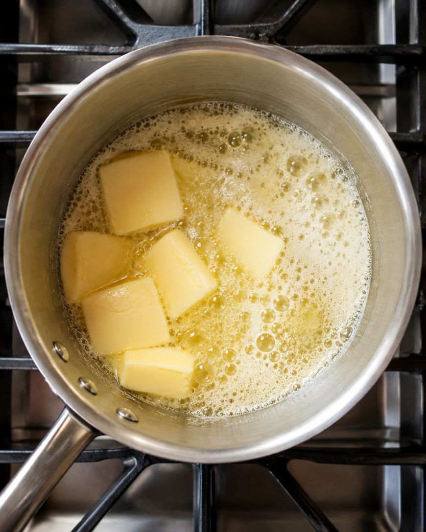 Cubes of butter melting in a saucepan on a stove, with bubbles forming as the butter heats.