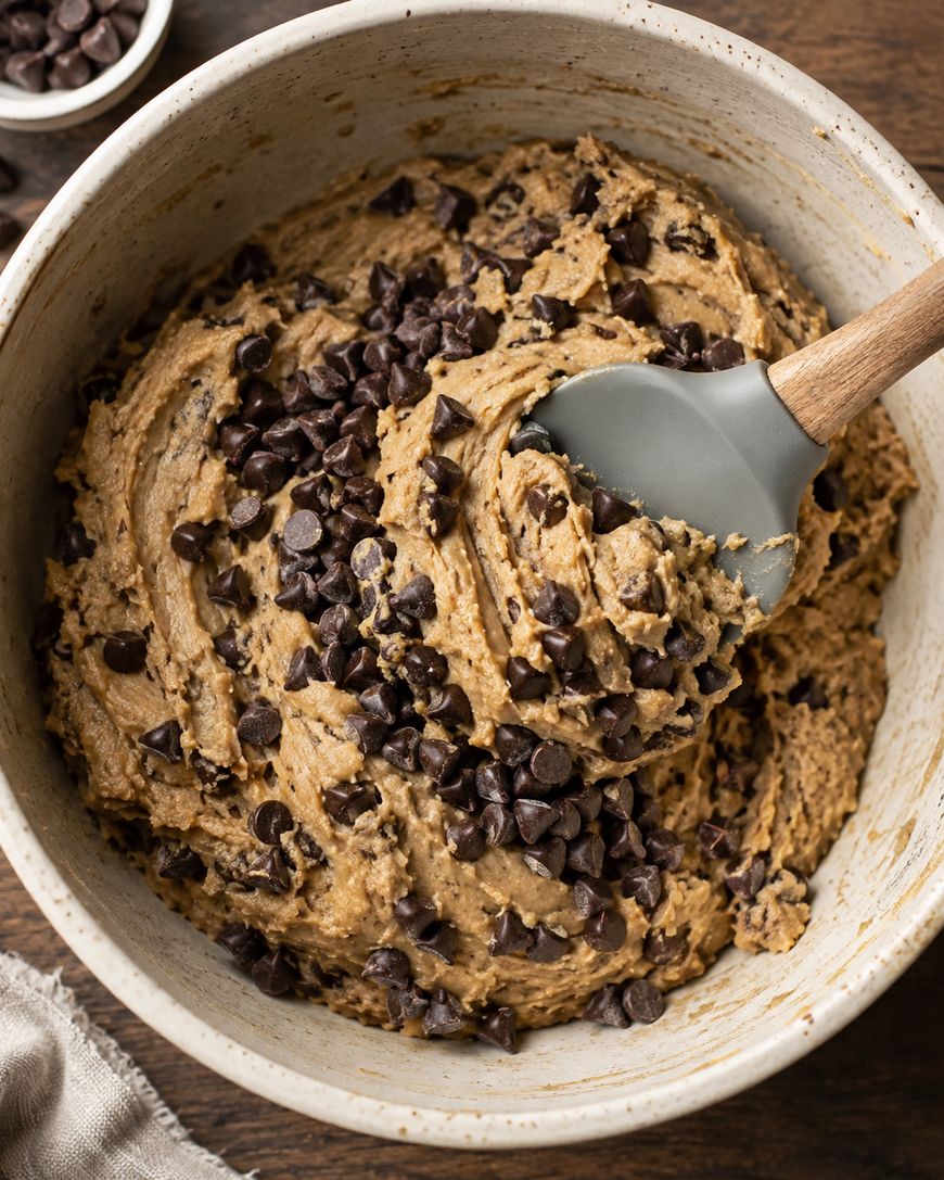 A mixing bowl filled with cookie dough and chocolate chips, being stirred with a gray spatula.