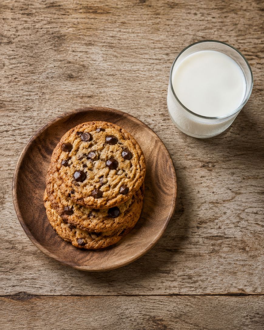 A wooden plate with three chocolate chip cookies sits on a rustic wooden table next to a glass of milk.