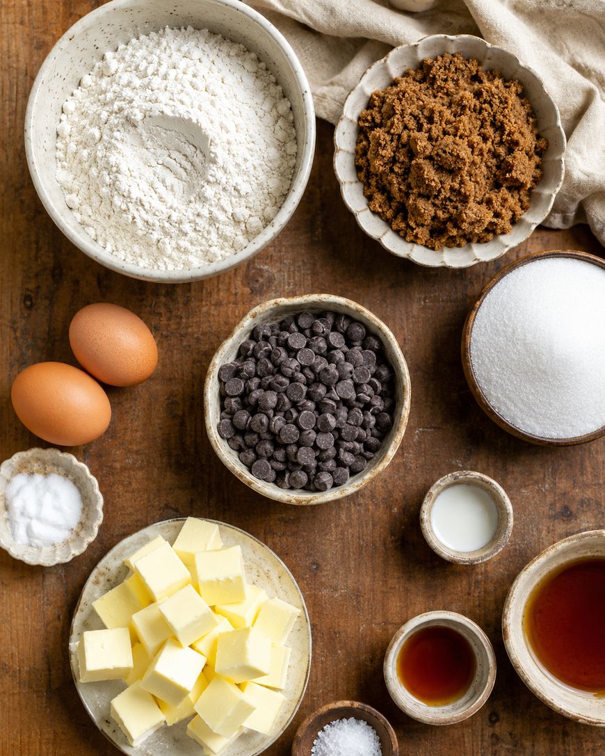 Cookie ingredients arranged on a wooden surface: flour, brown sugar, eggs, chocolate chips, granulated sugar, salt, milk, cubed butter, vanilla extract, and baking soda in small bowls. Linen cloth partially visible.