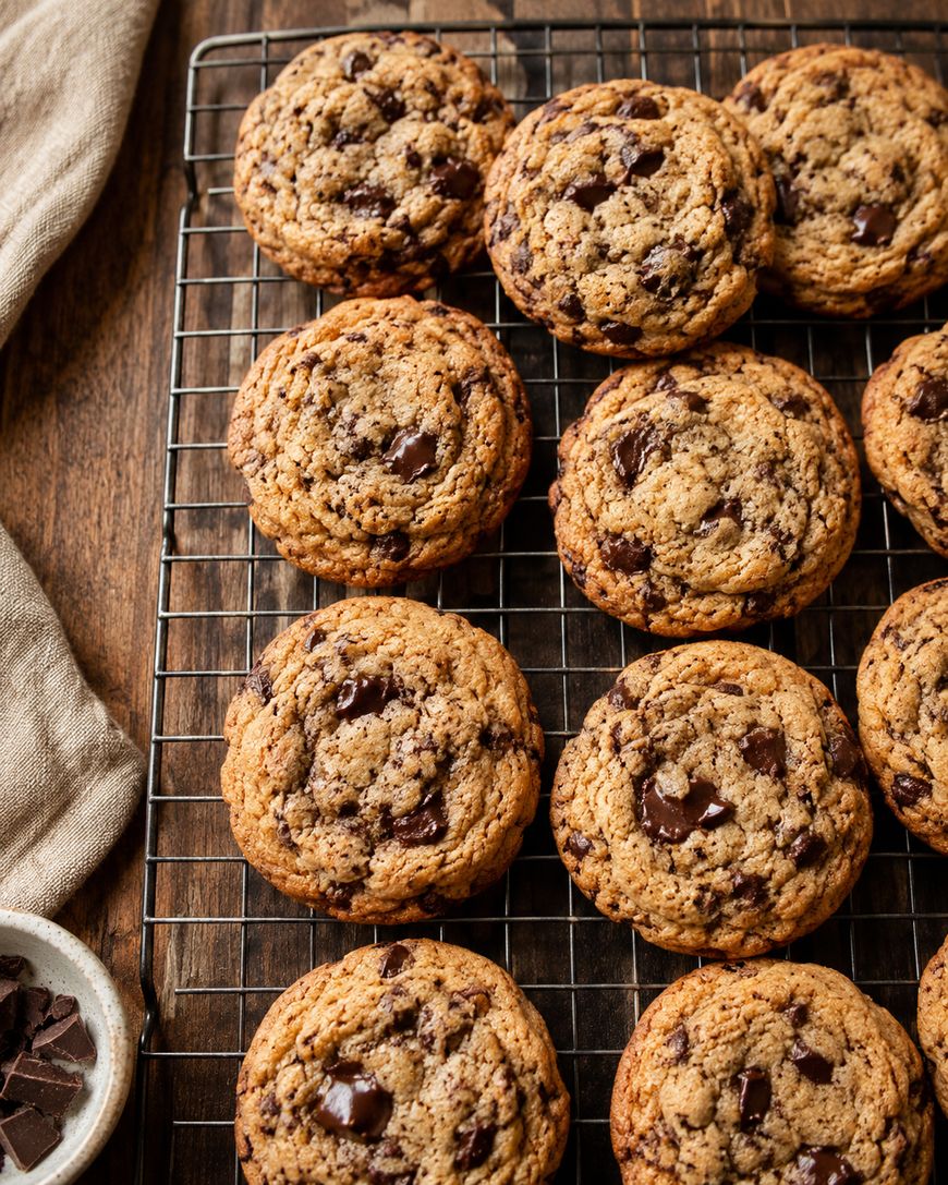 Ten chocolate chip cookies cool on a wire rack atop a wooden table, with a napkin and a small dish of chocolate chunks nearby.
