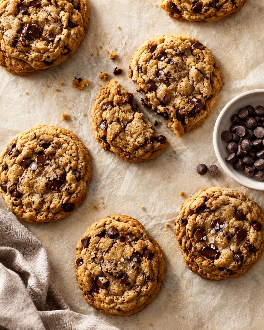 Six chocolate chip cookies, one broken in half, are arranged on parchment paper near a small bowl of chocolate chips and a tan cloth.