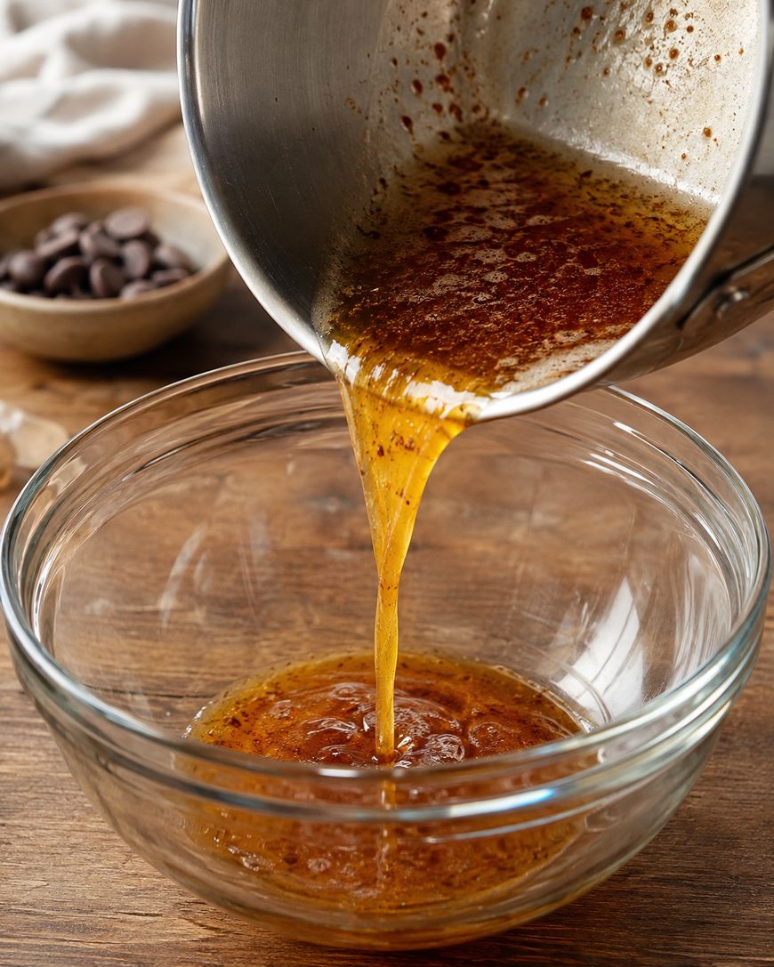Browned butter is being poured from a saucepan into a clear glass mixing bowl on a wooden table. In the background, there is a small bowl of chocolate chips and a white cloth.
