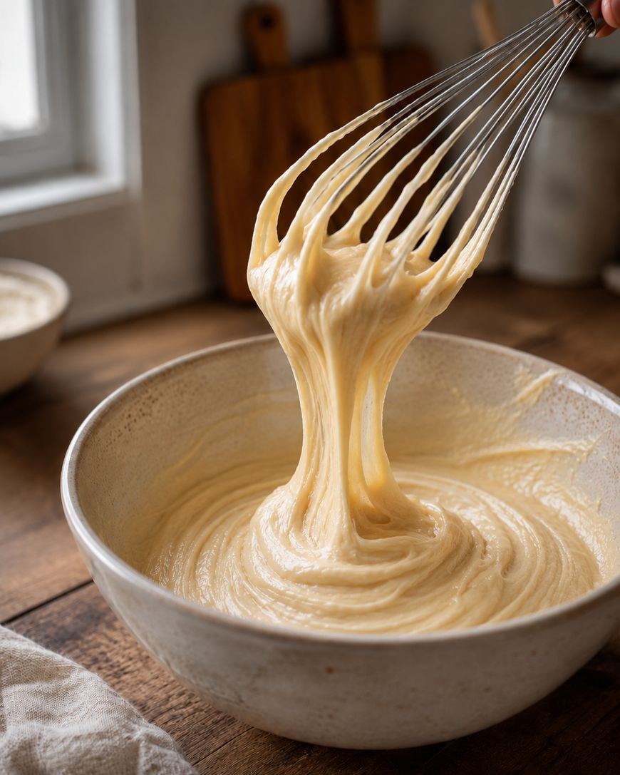 A whisk lifts smooth, creamy batter from a ceramic bowl on a wooden table, with light streaming in from a nearby window.