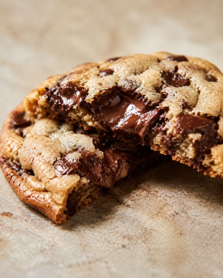 A close-up of a chocolate chip cookie broken in half, showing gooey, melted chocolate chunks inside on a light, textured surface.