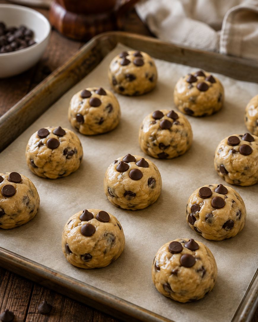 A baking sheet lined with parchment paper holds evenly spaced balls of chocolate chip cookie dough, each topped with extra chocolate chips, ready to be baked.