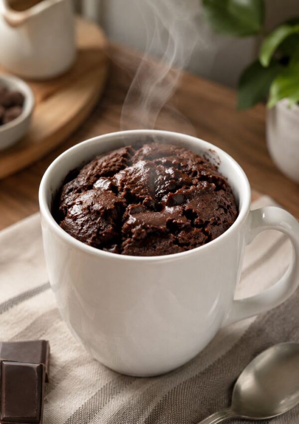 A steaming chocolate mug cake sits in a white cup on a napkin, next to a spoon and chocolate pieces, with bowls and a plant in the background.