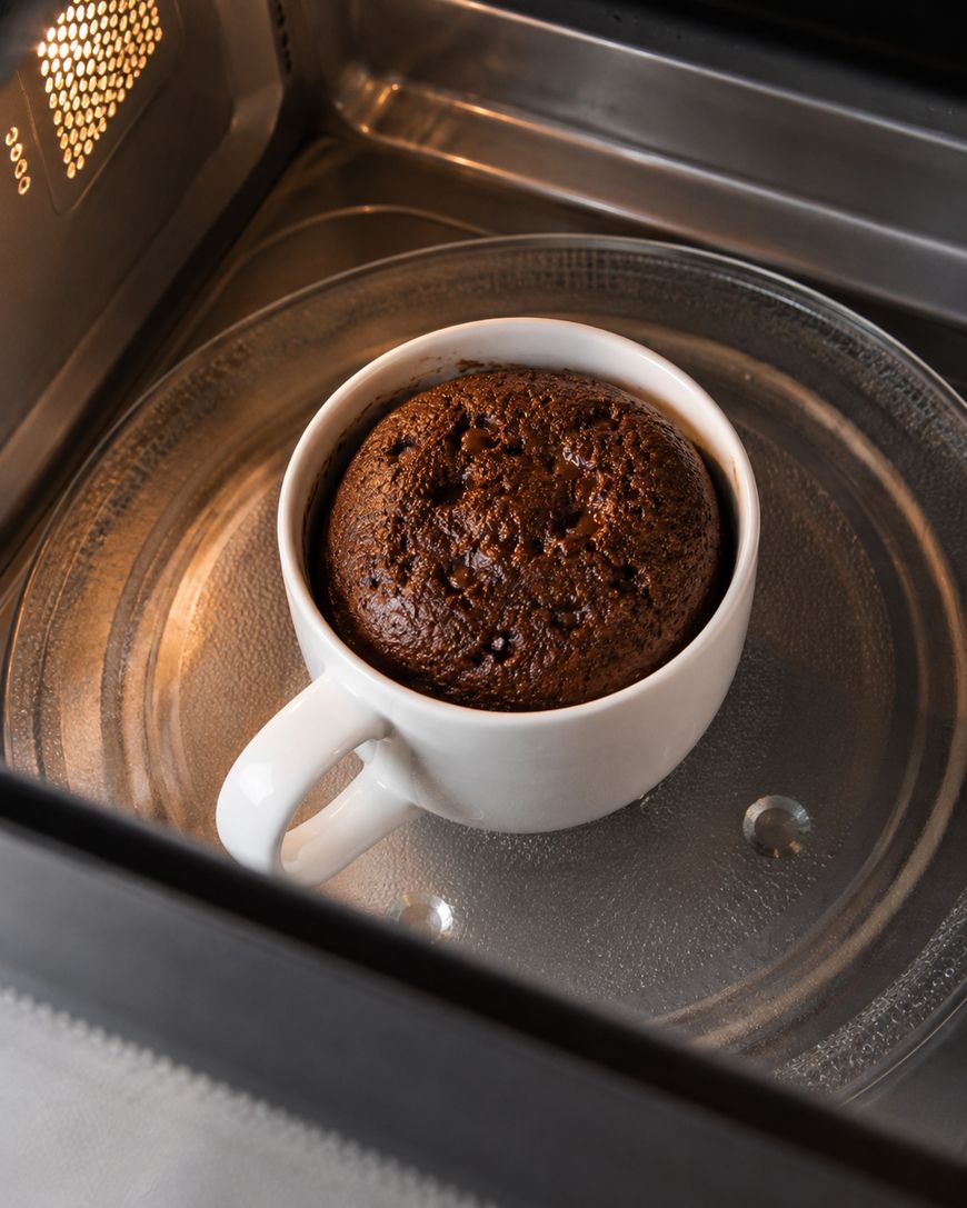 A chocolate mug cake in a white cup sits on the glass turntable inside a microwave oven, freshly baked and risen above the rim of the cup.