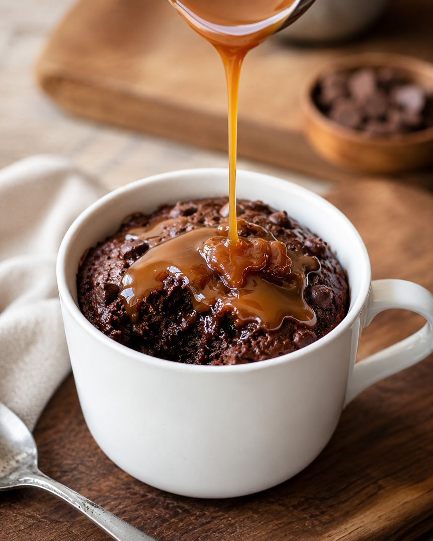 Caramel sauce being poured over a chocolate mug cake in a white cup, placed on a wooden board next to a spoon and a bowl of chocolate chips.