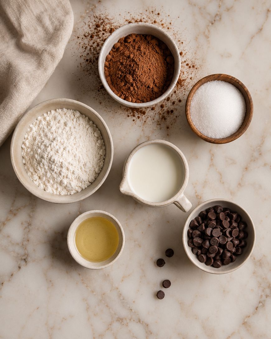 Bowls of flour, cocoa powder, sugar, milk, oil, and chocolate chips arranged on a marble countertop, ready for baking.