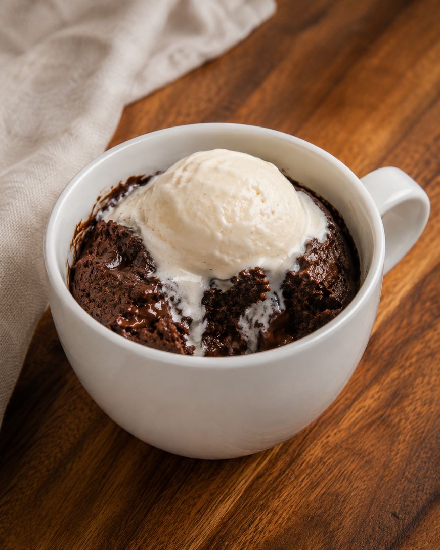 A white mug filled with chocolate mug cake, topped with a scoop of melting vanilla ice cream, sits on a wooden surface next to a beige cloth.