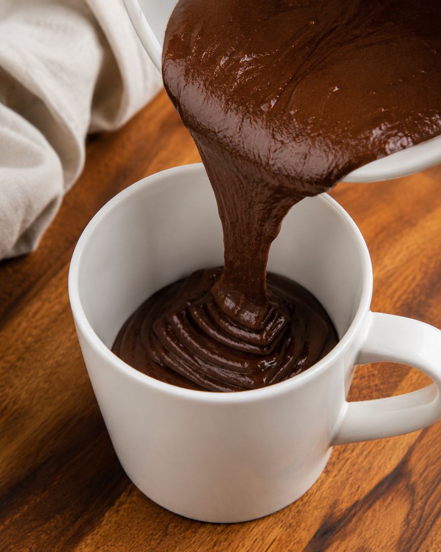 Thick chocolate batter is being poured from a bowl into a white mug, placed on a wooden surface.